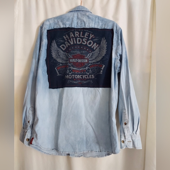 Upcycled Harley-Davidson Light Blue Denim Shirt with Dark Blue Logo - Picture 1 of 7